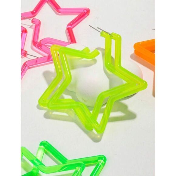 Neon Yellow Star Statement Hoop Earrings - Picture 1 of 4